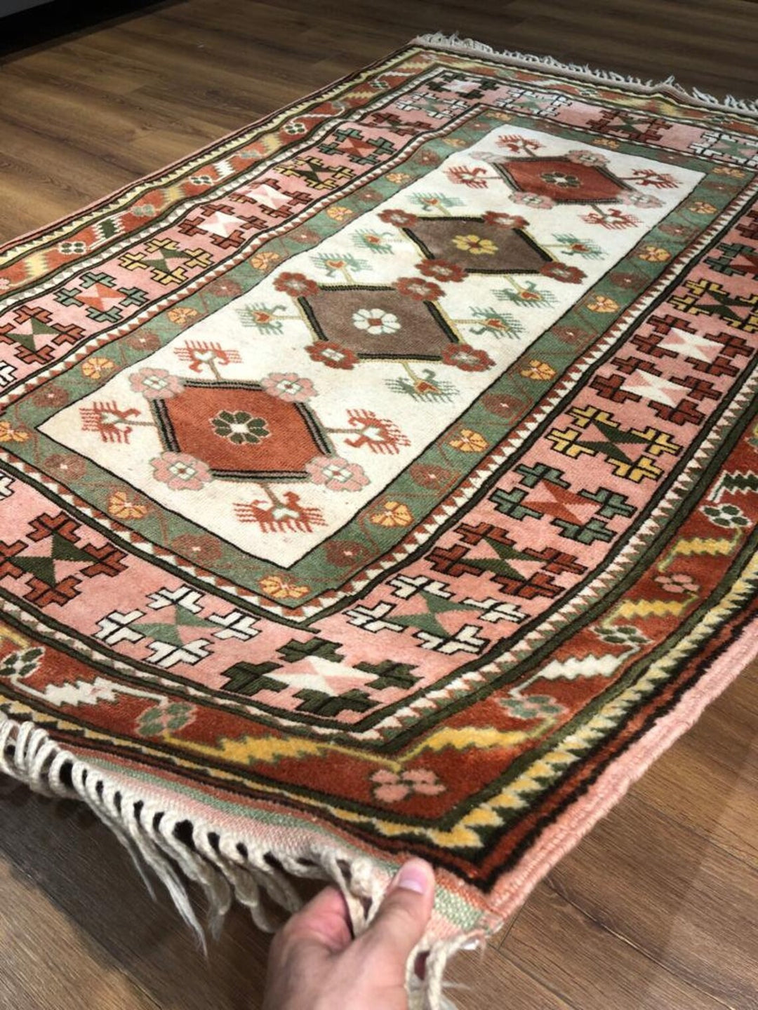 Antique Anatolian Milas Rectangle Rug (4.92 ft. X 6.56 ft.) (150 cm x 200 cm) - Handwoven Vintage Kilim in Vibrant Pink and Red with Geometric Design