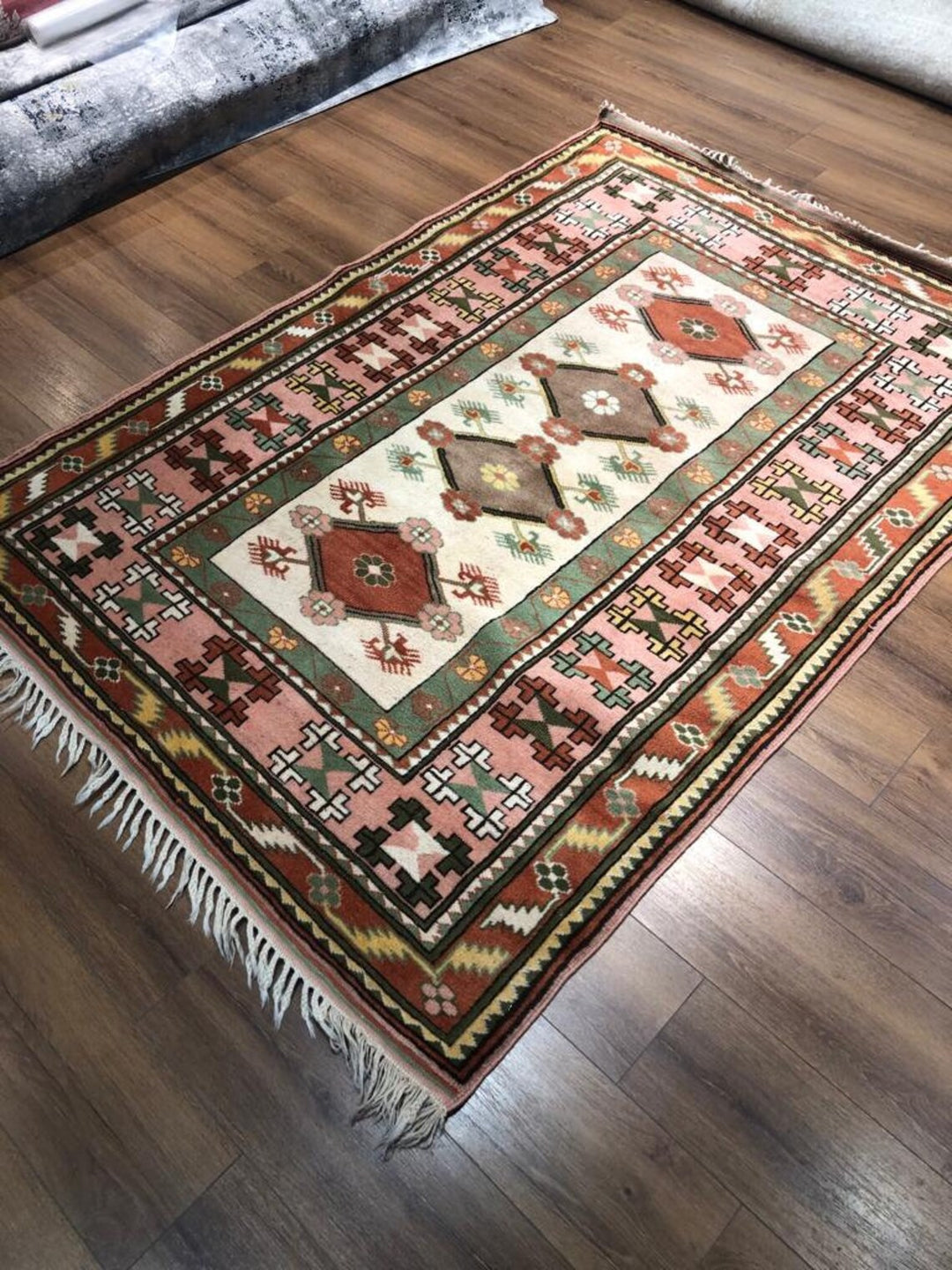 Antique Anatolian Milas Rectangle Rug (4.92 ft. X 6.56 ft.) (150 cm x 200 cm) - Handwoven Vintage Kilim in Vibrant Pink and Red with Geometric Design