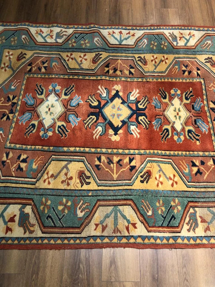 Antique Anatolian Milas Rectangle Rug (5.24 ft. X 7.70 ft.) (160 cm x 235 cm) - Handwoven Vintage Kilim in Red, Blue, and Floral Design