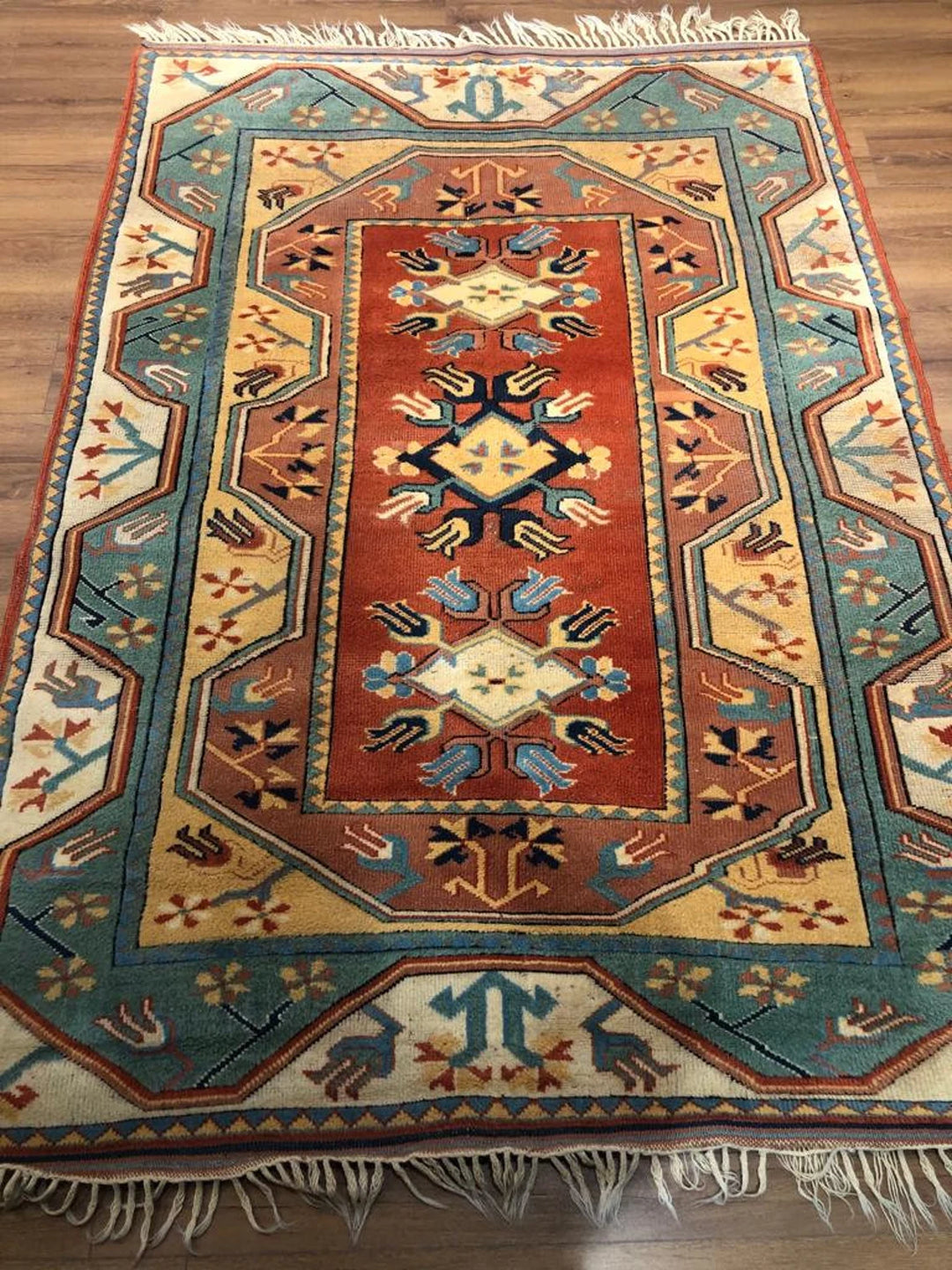 Antique Anatolian Milas Rectangle Rug (5.24 ft. X 7.70 ft.) (160 cm x 235 cm) - Handwoven Vintage Kilim in Red, Blue, and Floral Design