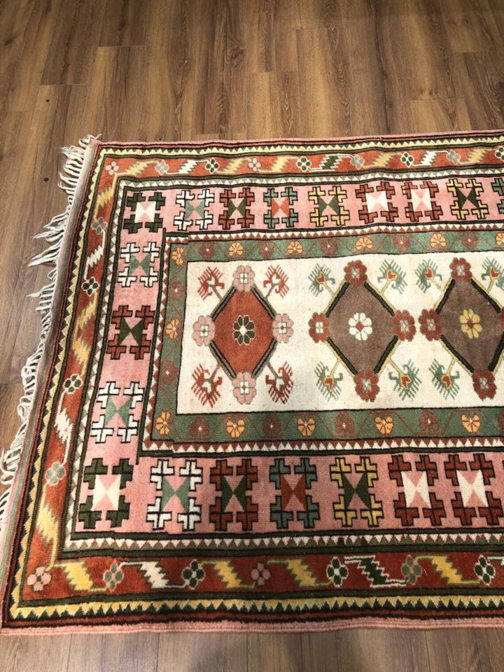 Antique Anatolian Milas Rectangle Rug (4.92 ft. X 6.56 ft.) (150 cm x 200 cm) - Handwoven Vintage Kilim in Vibrant Pink and Red with Geometric Design