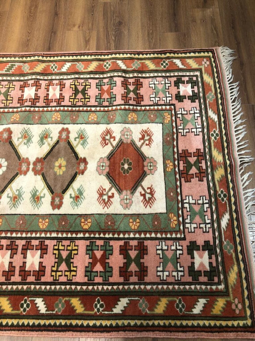 Antique Anatolian Milas Rectangle Rug (4.92 ft. X 6.56 ft.) (150 cm x 200 cm) - Handwoven Vintage Kilim in Vibrant Pink and Red with Geometric Design