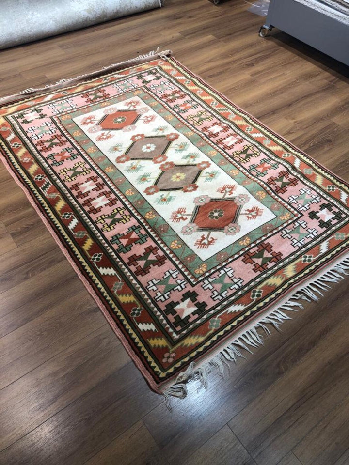 Antique Anatolian Milas Rectangle Rug (4.92 ft. X 6.56 ft.) (150 cm x 200 cm) - Handwoven Vintage Kilim in Vibrant Pink and Red with Geometric Design