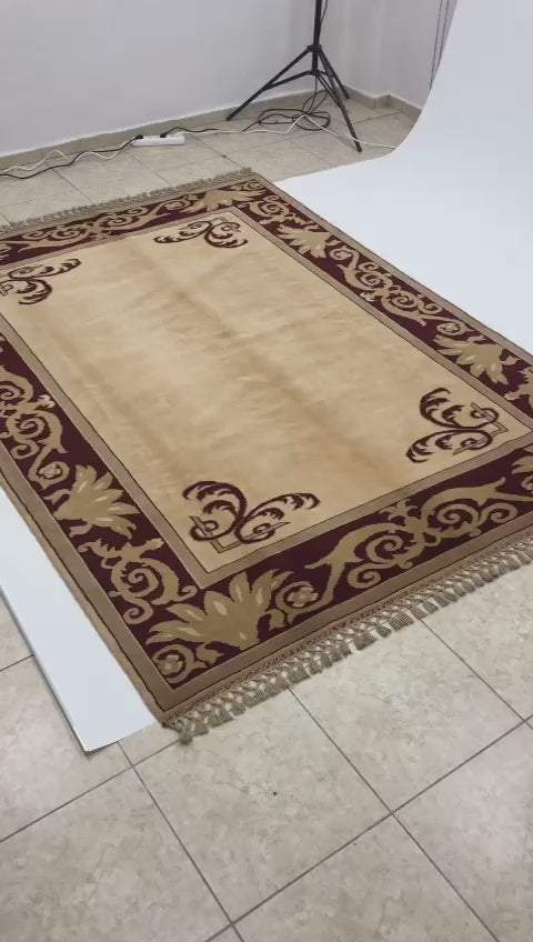 Cream Beige Claret Red Oushak Handmade Rug