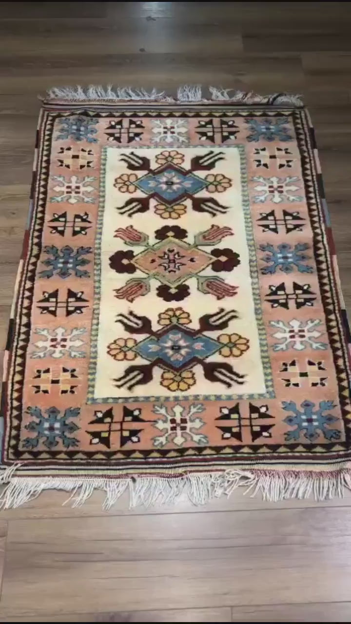 Antique Handwoven Tribal Rug (2.95 ft. X 3.93 ft.) (90 cm. X 120 cm.) - 3X4 Colorful Milas Border Design