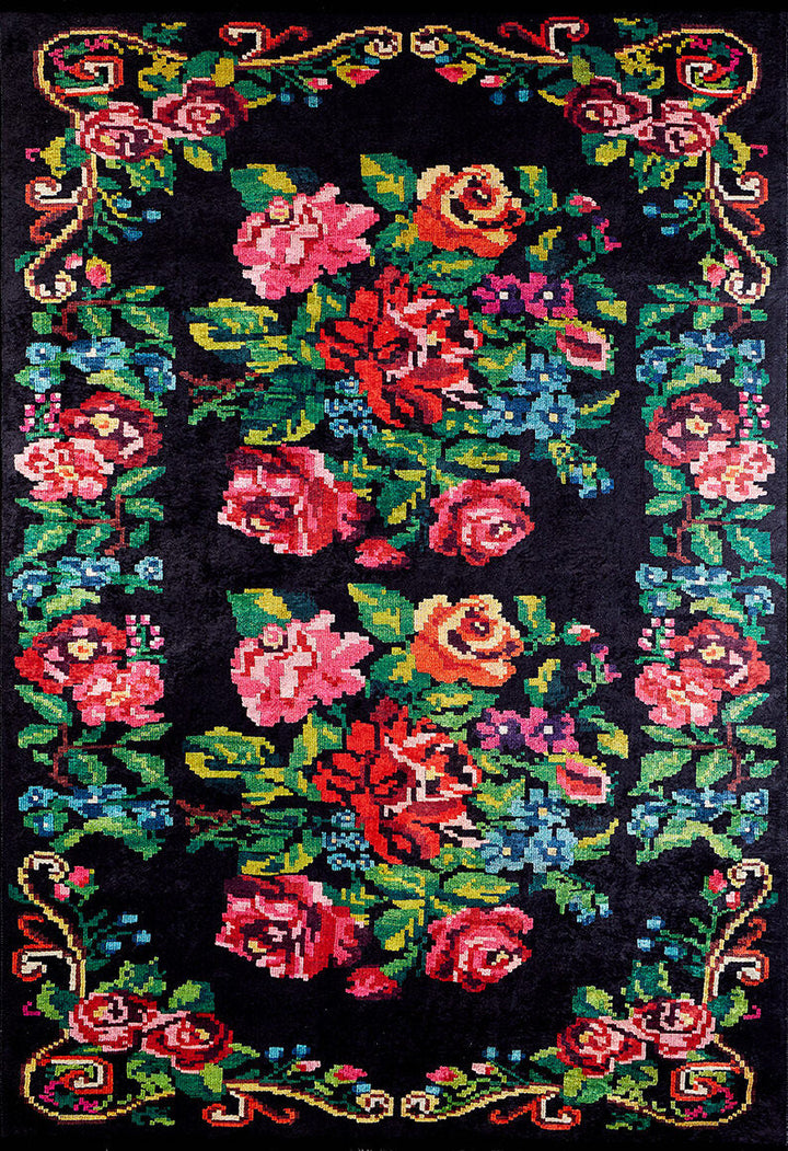 machine-washable-area-rug-Floral-Collection-Black-Multicolor-Pink-JR303