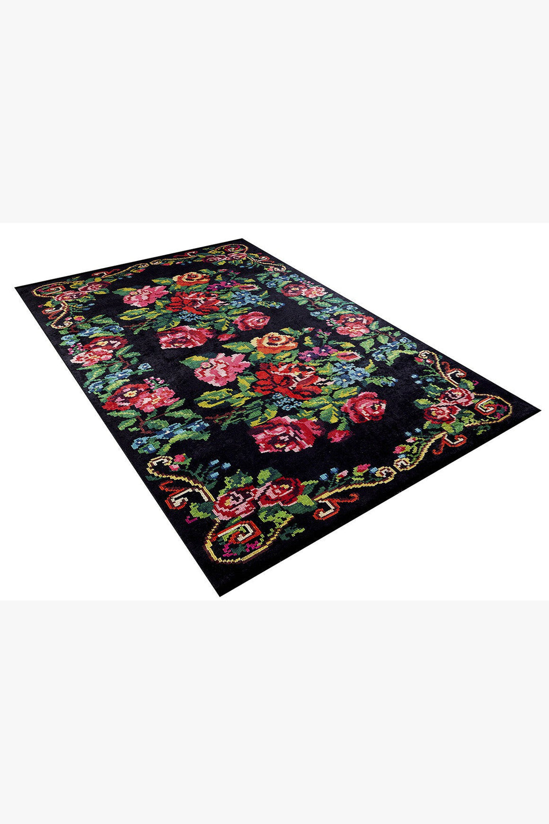 machine-washable-area-rug-Floral-Collection-Black-Multicolor-Pink-JR303