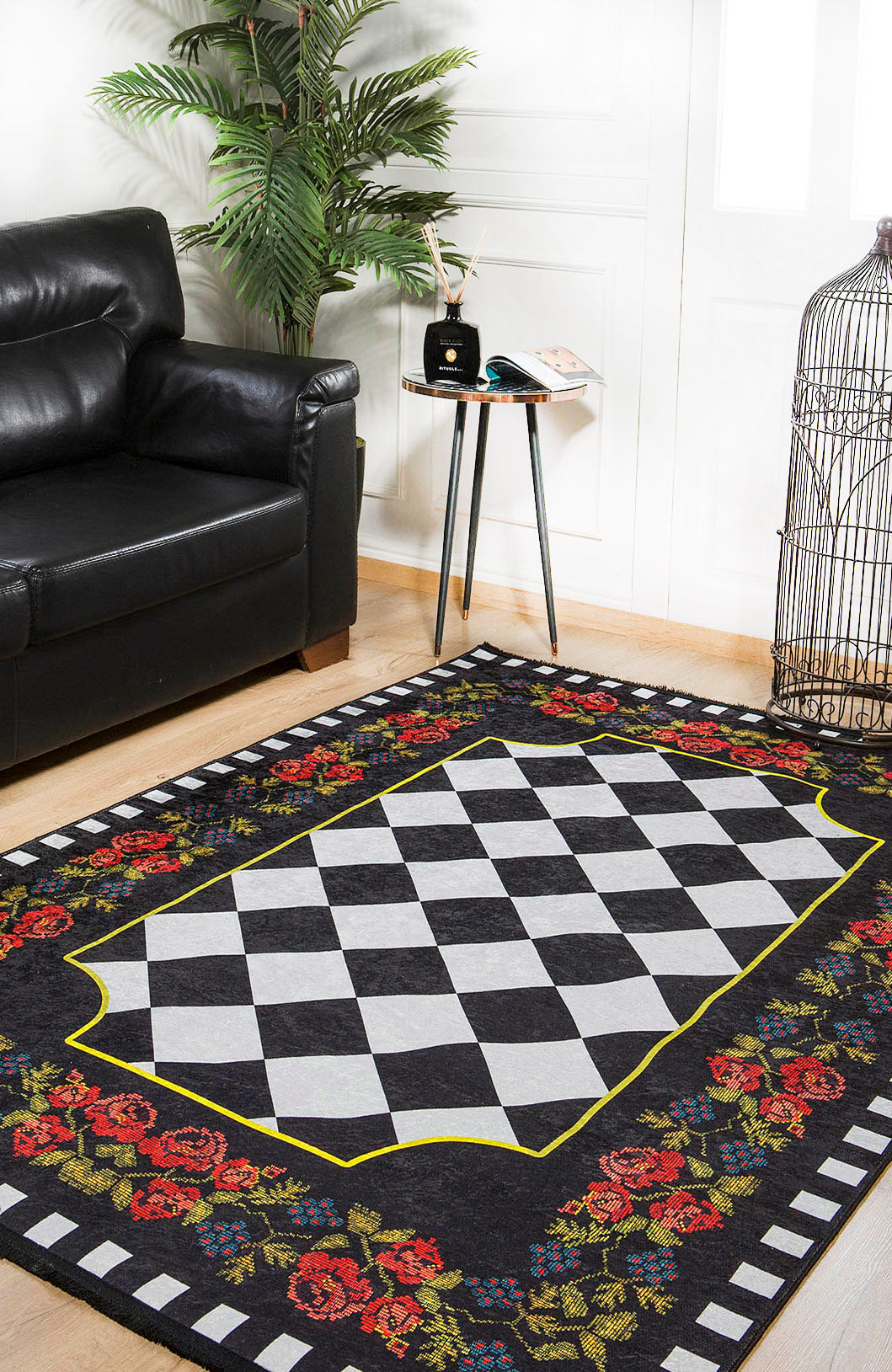 machine-washable-area-rug-Floral-Collection-Black-JR587