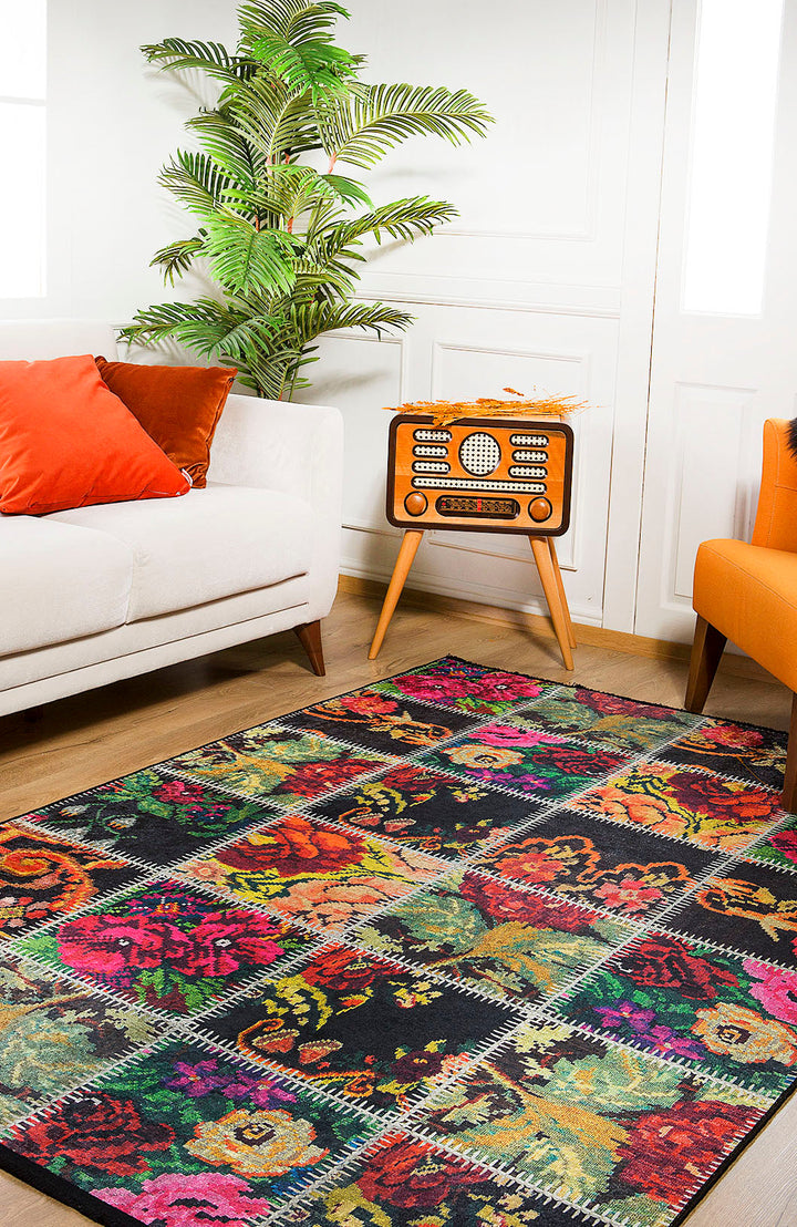 machine-washable-area-rug-Floral-Patchwork-Collection-Multicolor-Pink-JR298